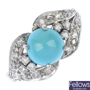 A turquoise and diamond dress ring. 