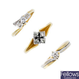 A selection of three 18ct gold diamond rings.