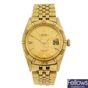 
ROLEX - a gentleman's yellow metal Oyster Perpetual Datejust "Thunderbird" bracelet watch.