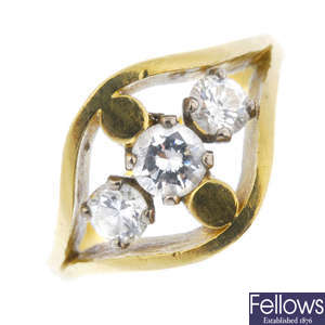 An 18ct diamond three-stone dress ring.