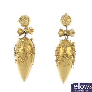 A pair of late Victorian gold ear pendants.