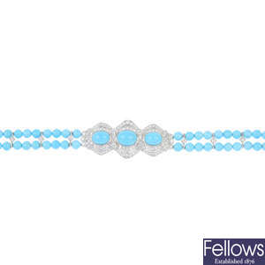 A turquoise, reconstituted turquoise and diamond bracelet.