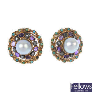 A pair of cultured pearl, amethyst, diamond and turquoise cluster ear clips. 