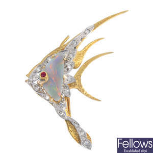 A mid 20th century opal, diamond and ruby angel fish brooch. 