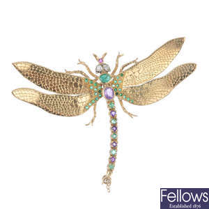 A diamond and multi-gem dragonfly brooch. 