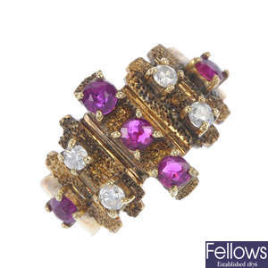 A 9ct gold 1970's ruby and diamond ring.