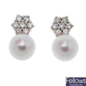 A pair of cultured pearl and diamond cluster ear studs.