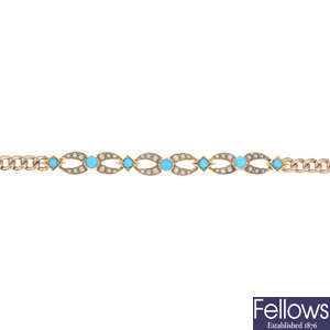 An early 20th century 15ct gold split pearl and gem-set bracelet.