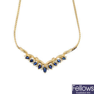 A 9ct gold sapphire and diamond necklace. 