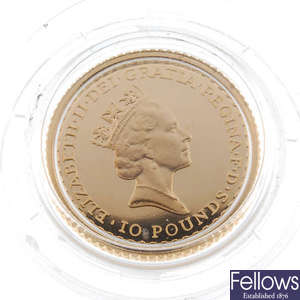 Elizabeth II, 10-Pounds 1/10 oz Britannia gold coin.