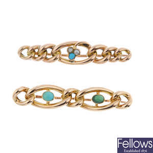 Two early 20th century gold turquoise brooches.
