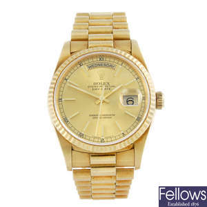 ROLEX - a gentleman's 18ct yellow gold Oyster Perpetual Day-Date bracelet watch.