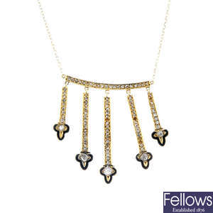 A diamond and enamel fringe necklace.