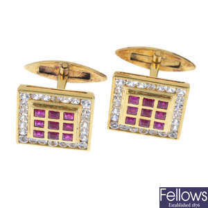 A pair of ruby and white sapphire cufflinks.