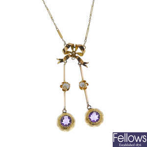 An amethyst and cultured pearl negligee pendant. 