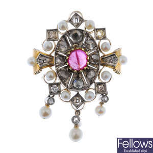 A ruby, diamond and cultured pearl cluster brooch.