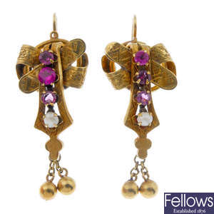 A pair of late 19th century Continental gold, gem-set ear pendants. 