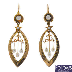 A pair of late 19th century gold seed pearl ear pendants.