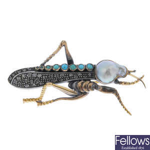 A mid 20th century gold, silver and gem-set grasshopper brooch. 
