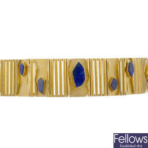 A 1970s lapis lazuli bracelet, by Archibald Dumbar. 