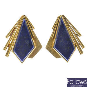 A pair of 1970s lapis lazuli earrings, attributed to Archibald Dumbar.