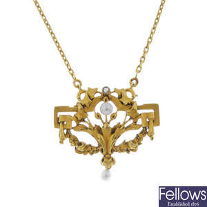 A French Belle Epoque 18ct gold, pearl and diamond pendant, with chain.