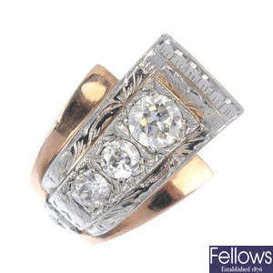 A mid 20th century 14ct gold diamond dress ring.