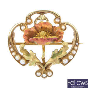 An early 20th century 14ct gold enamel and split pearl floral brooch.