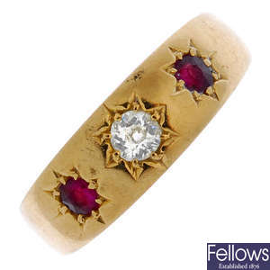 An Edwardian 18ct gold diamond and ruby three-stone ring.