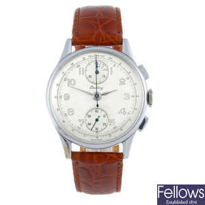 A gentleman's nickel plated chronograph wrist watch spuriously signed Breitling.