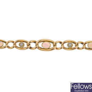 An early 20th century gold opal and split pearl bracelet.