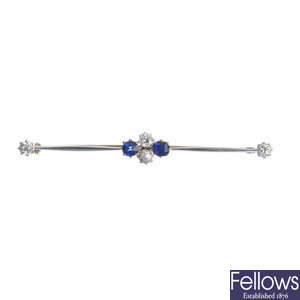 An early 20th century gold sapphire and diamond bar brooch. 