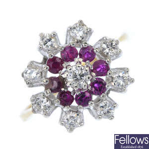 A 1970s 18ct gold ruby and diamond floral ring.