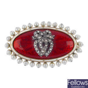 A late 19th century gold diamond, seed pearl and enamel brooch.
