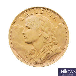 Switzerland, gold 20-Francs 1935L-B (later restrike).
