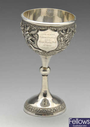 A small Victorian silver bowl, Indian goblet, & twin-handled bowl.