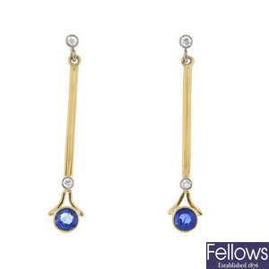 A pair of 18ct gold sapphire and diamond ear pendants.