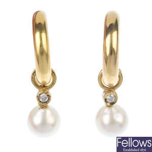 A pair of 18ct gold diamond and cultured pearl ear hoops. 
