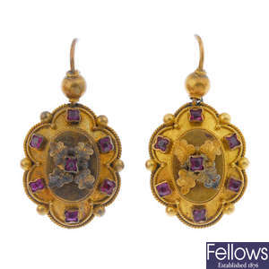 A pair of late 19th century gem-set ear pendants.