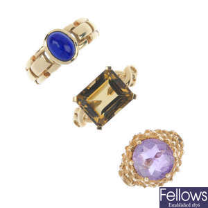 A selection of three 9ct gold single-stone rings.