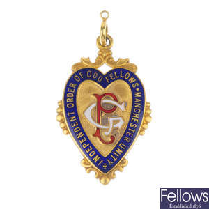 A mid 20th century 9ct gold enamel Oddfellows medal.