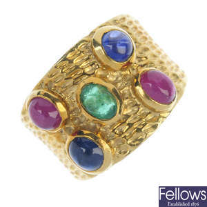 A sapphire, ruby and emerald dress ring.