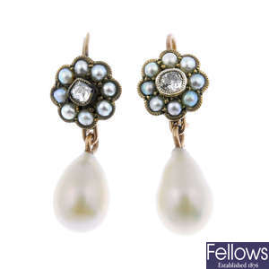 A pair of cultured pearl, split pearl and diamond ear pendants.