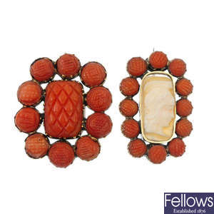 Two mid Victorian 9ct gold carved coral brooches.