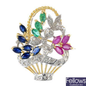 An 18ct gold diamond and gem-set floral brooch.