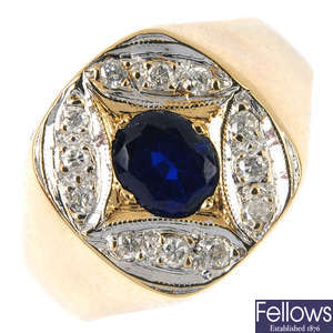 A gentleman's 9ct gold sapphire and diamond dress ring. 