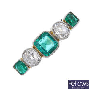 A mid 20th century 18ct gold and platinum emerald and diamond five-stone ring.