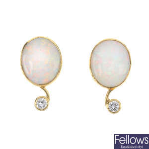 A pair of 18ct gold opal and diamond ear studs.
