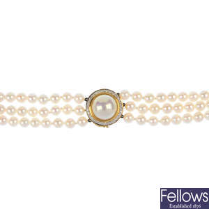 A mabe pearl diamond and cultured pearl necklace.