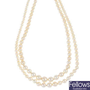 A cultured pearl two-row necklace, with diamond clasp.